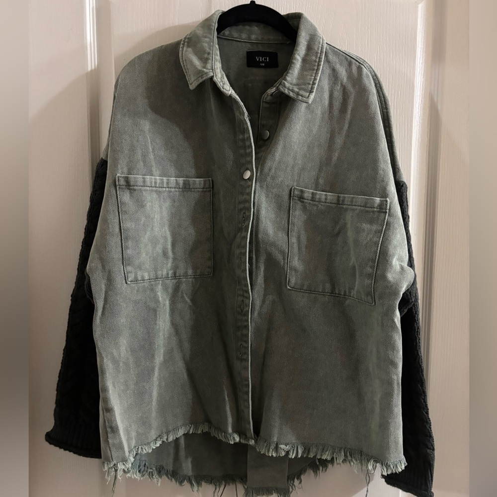Vici Two-Tone Jean Jacket in Olive and Black